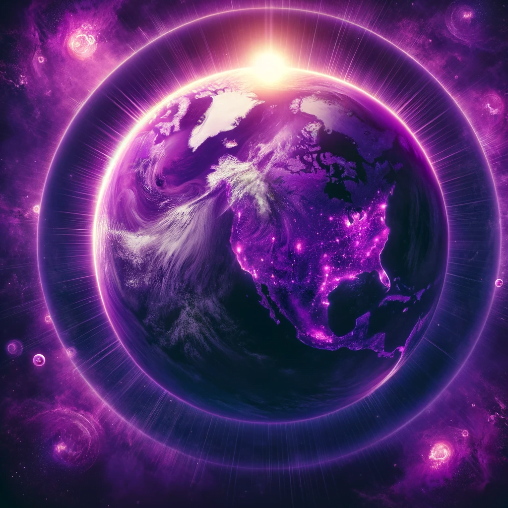 Earth's mysteries - Artistic view of Earth from space with a purple hue, representing the ancient purple-colored planet theory.