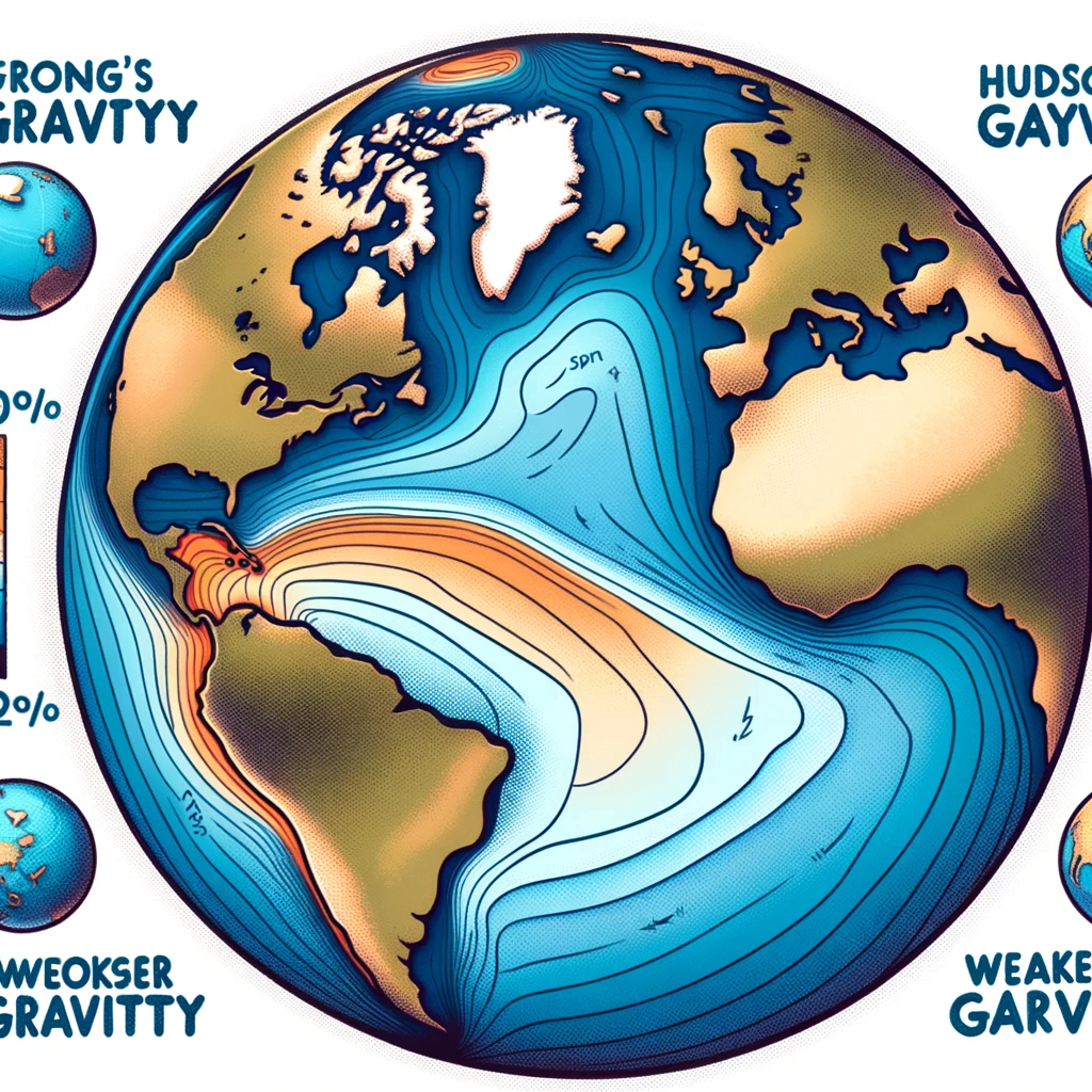Earth's mysteries - Illustration of Earth highlighting uneven gravitational distribution, with a focus on Hudson Bay's weaker gravity zone.