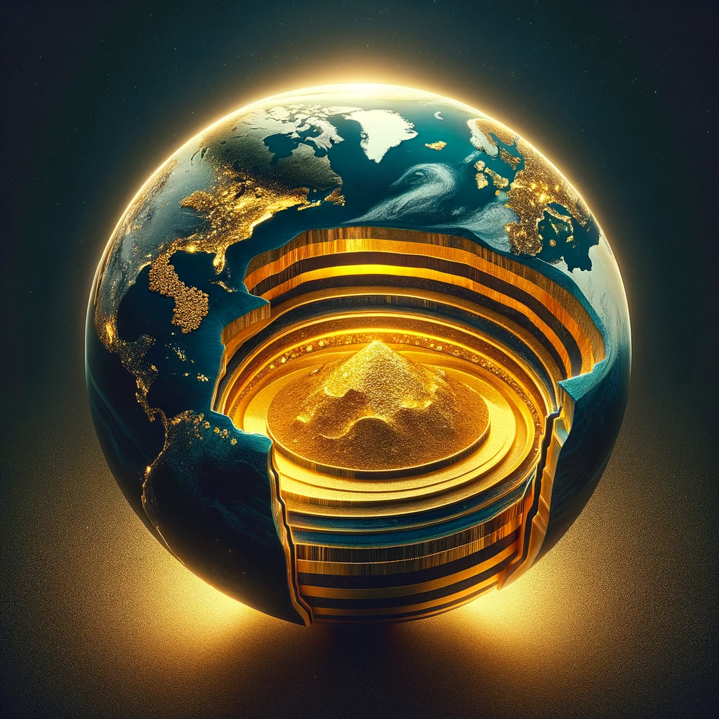 Earth's mysteries - Illustration of Earth with a cross-section showing abundant gold reserves in its crust and diluted in the oceans.