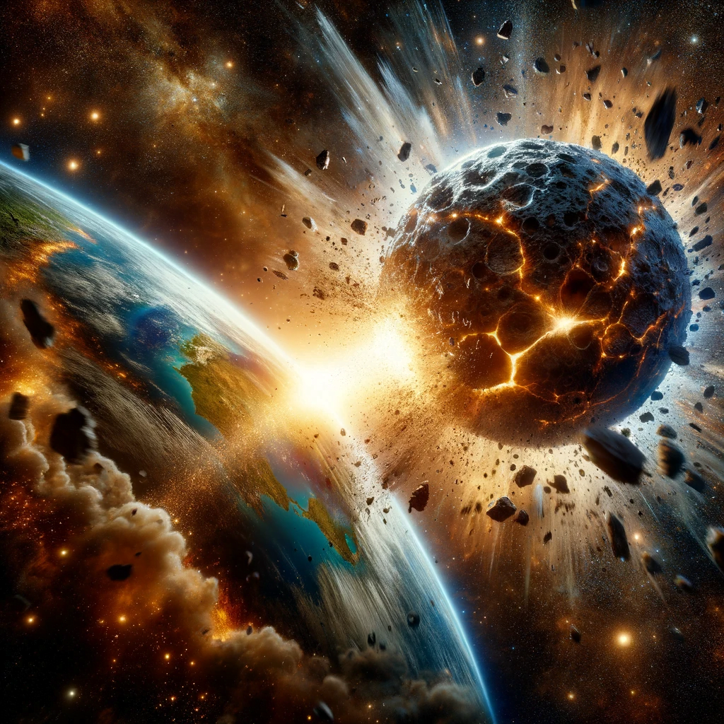 Earth's mysteries - Dramatic depiction of Earth-Theia collision forming the Moon, with massive impact and space debris.