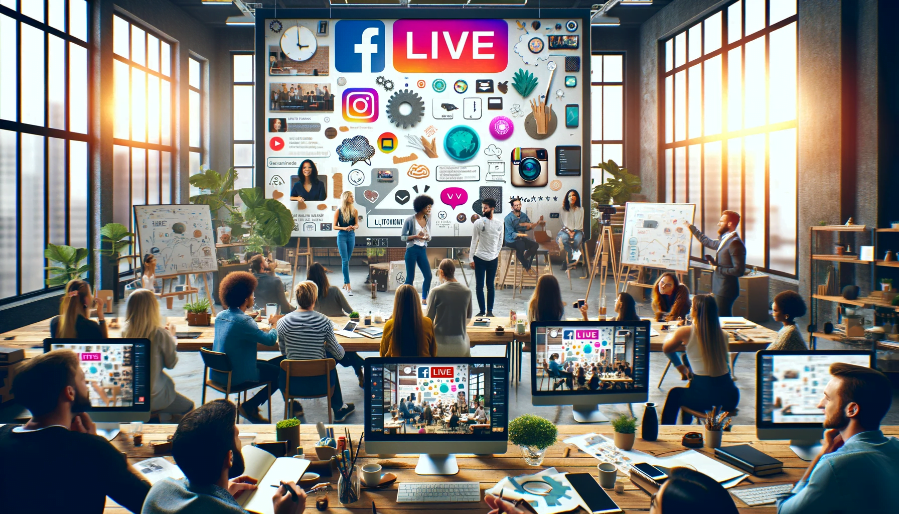 Diverse professionals engaging in an Instagram Live session in a modern office setting, showcasing social media engagement and live streaming techniques.