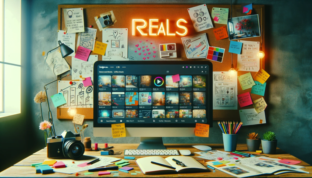 Instagram Reels planning with computer screen, notes, and storyboards in a vibrant workspace.