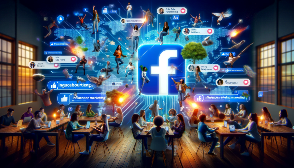 Facebook And Influencer Marketing : Diverse influencers engaging on the virtual Facebook interface for dynamic social media marketing.