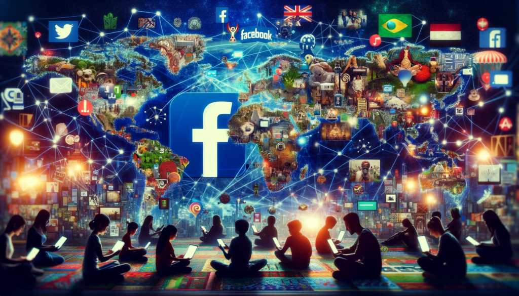World map with cultural symbols and people using Facebook, representing Facebook's global and cultural reach