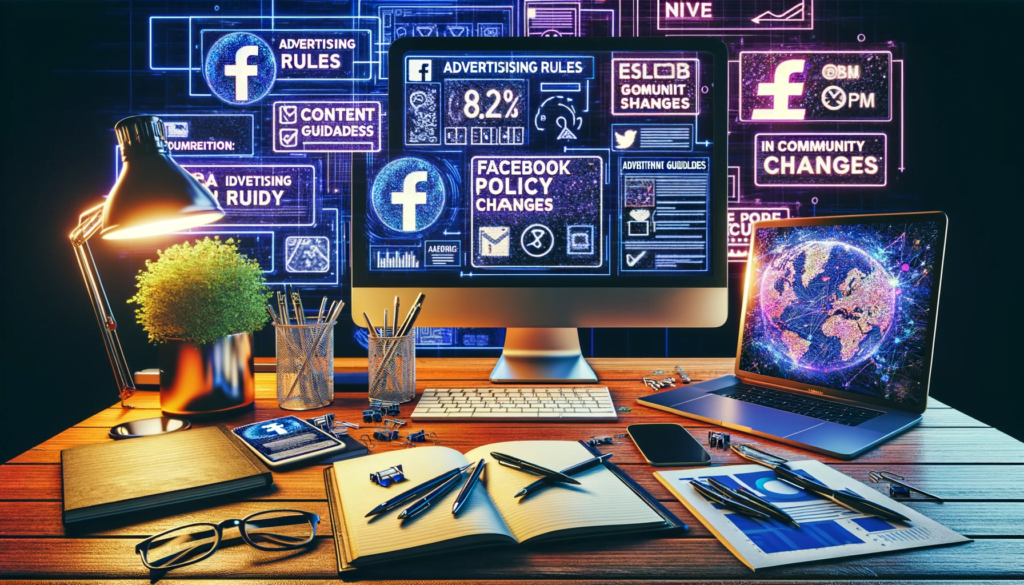 Facebook's Policy Changes : Digital marketer's workspace with Facebook 2024 policy updates and social media trends