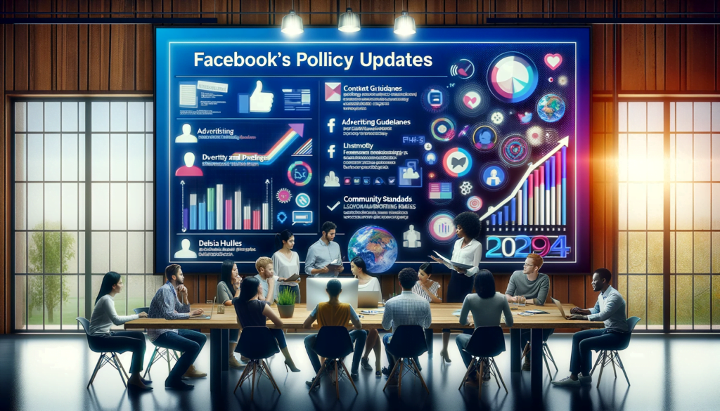 Facebook's Policy Changes : Diverse team strategizing on Facebook's 2024 policy updates with infographic display