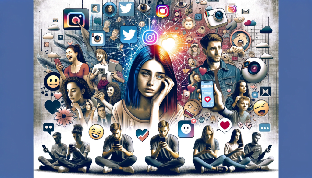 Instagram On mental health,Diverse group of young people using Instagram, displaying mixed emotions with digital and Instagram icons backdrop