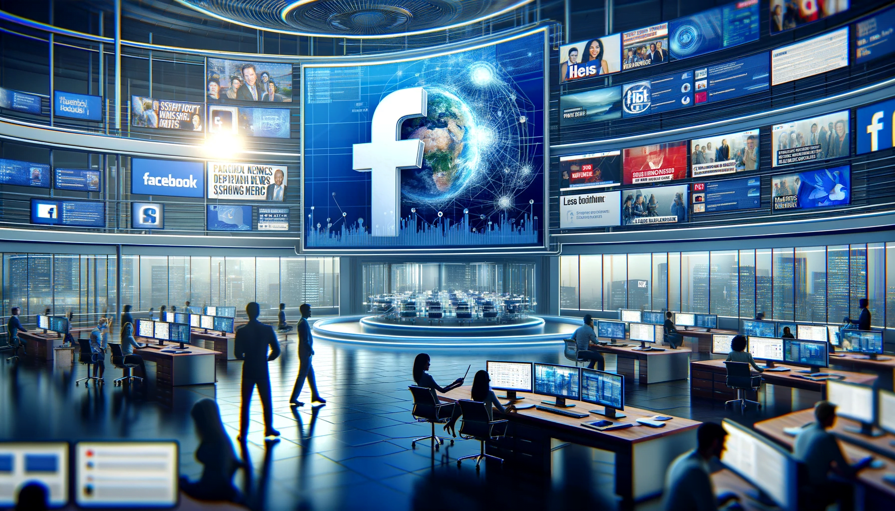 Modern newsroom highlighting Facebook's News influence in news distribution with digital screens and journalists.