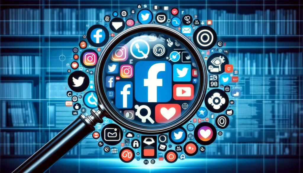 Magnifying glass over social media logos, examining content for copyright compliance.