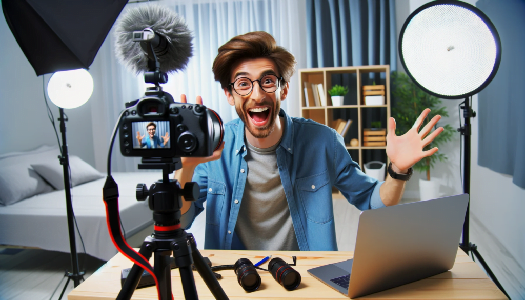 Enthusiastic content creator filming a vlog, demonstrating YouTube video creation techniques.