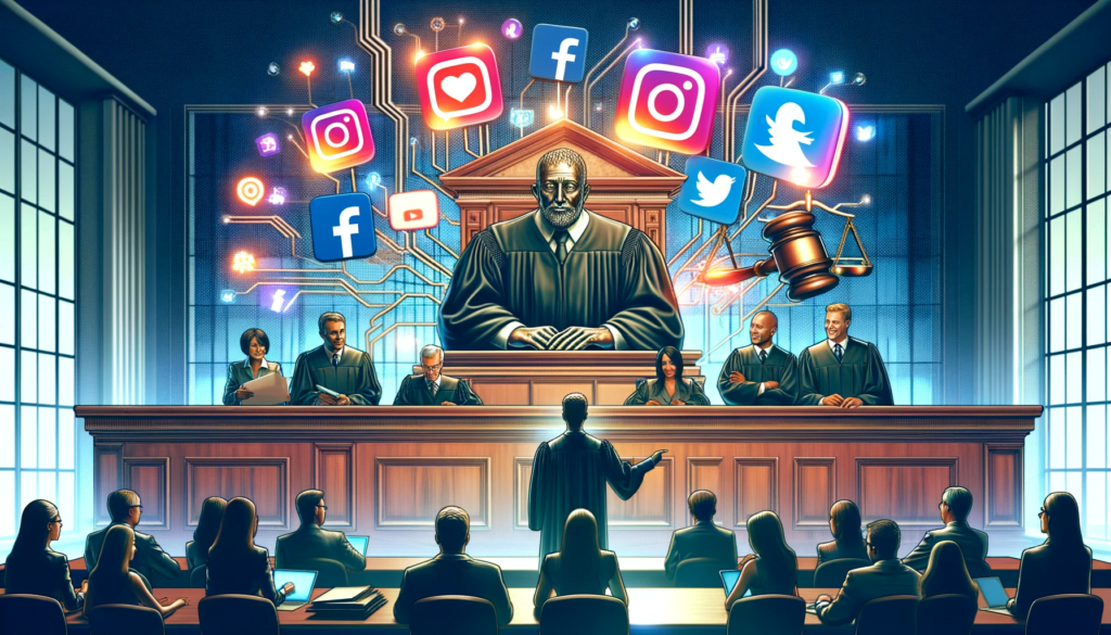 Courtroom scene representing legal disputes in social media copyright infringements.