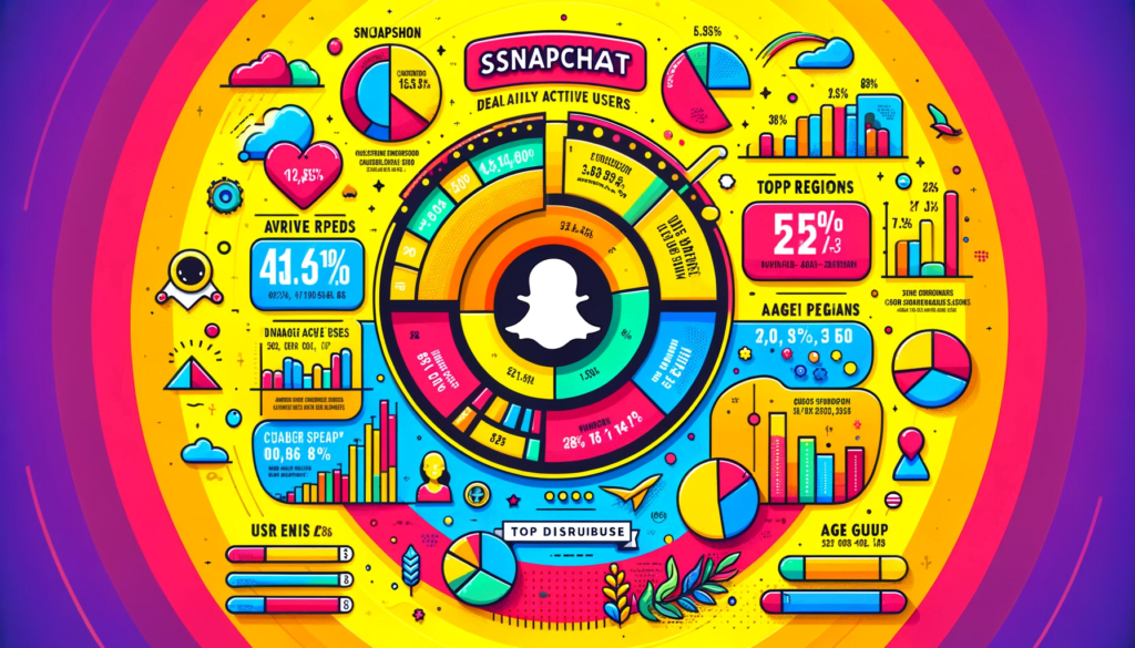 Snapchat User Demographics : Colorful infographic displaying Snapchat user demographics with bar graphs and pie charts.