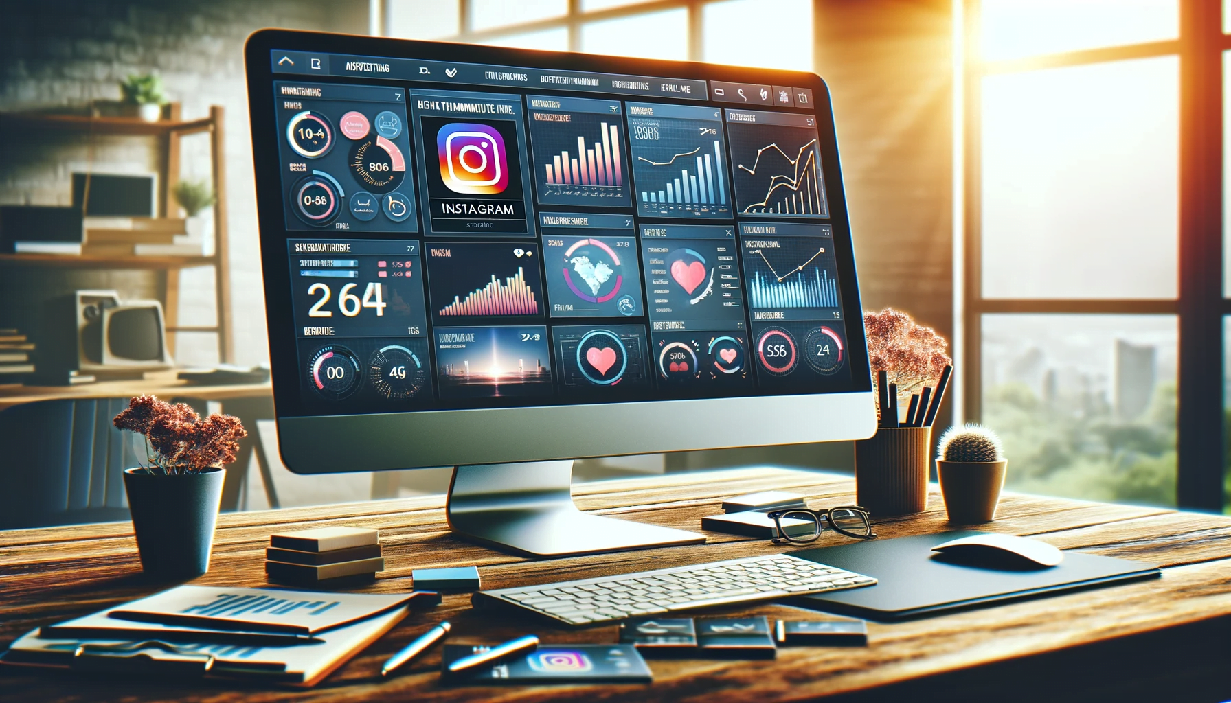 Professional digital marketing workspace with Instagram analytics and engagement data on screen, highlighting strategic Instagram advertising in 2024.