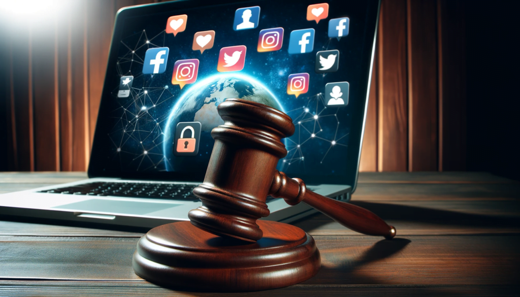 Gavel et ordinateur avec icônes de médias sociaux représentant le contrôle juridique
