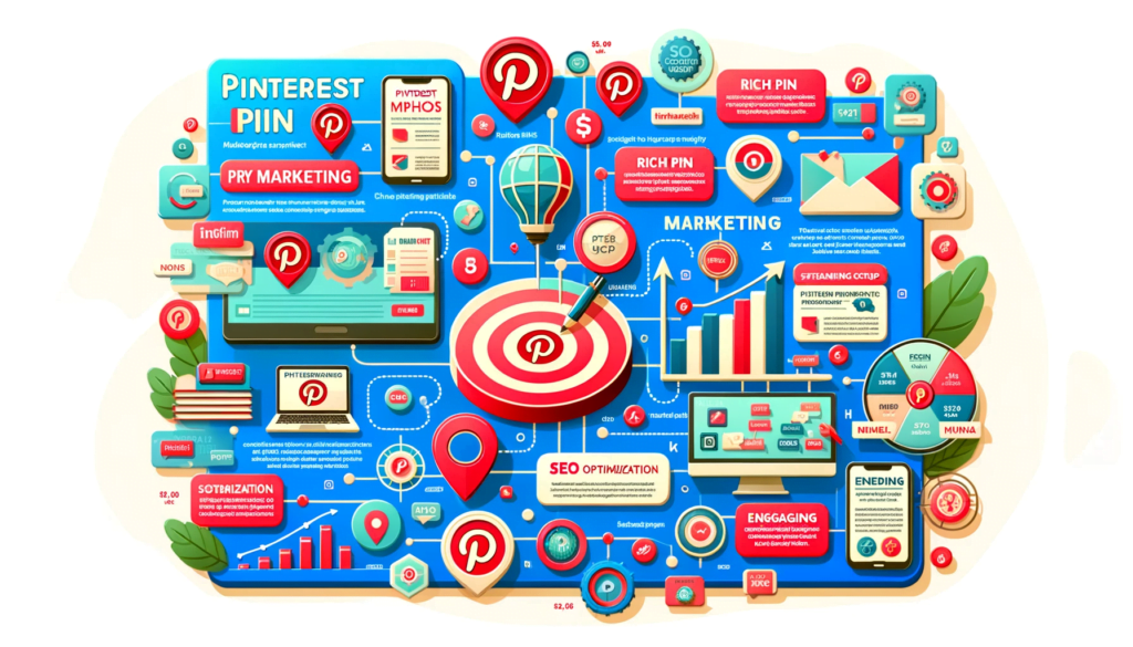 Infographic showcasing Pinterest marketing strategies with focus on rich pins, SEO, and content creation.