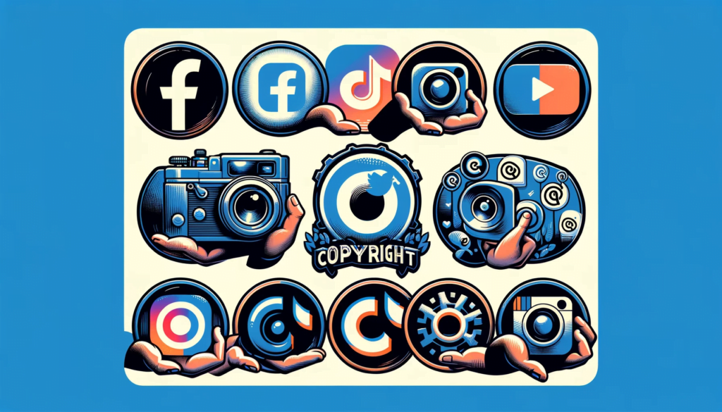 Copyright Law for Social Media : Illustration of Facebook, Instagram, YouTube, Twitter, TikTok logos with copyright symbols emphasizing social media copyright laws.