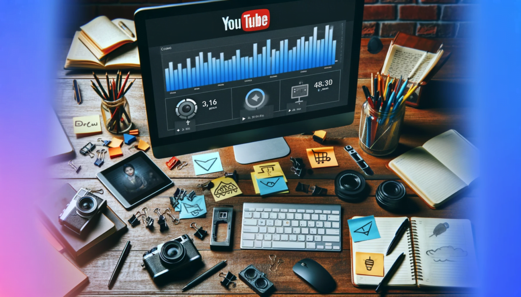 A creator's desk with YouTube analytics on computer, symbolizing effective YouTube content creation strategies.