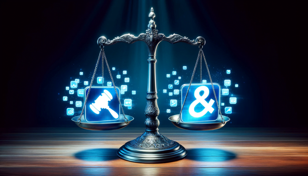 Balance numérique équilibrant les symboles de la loi et des médias sociaux.