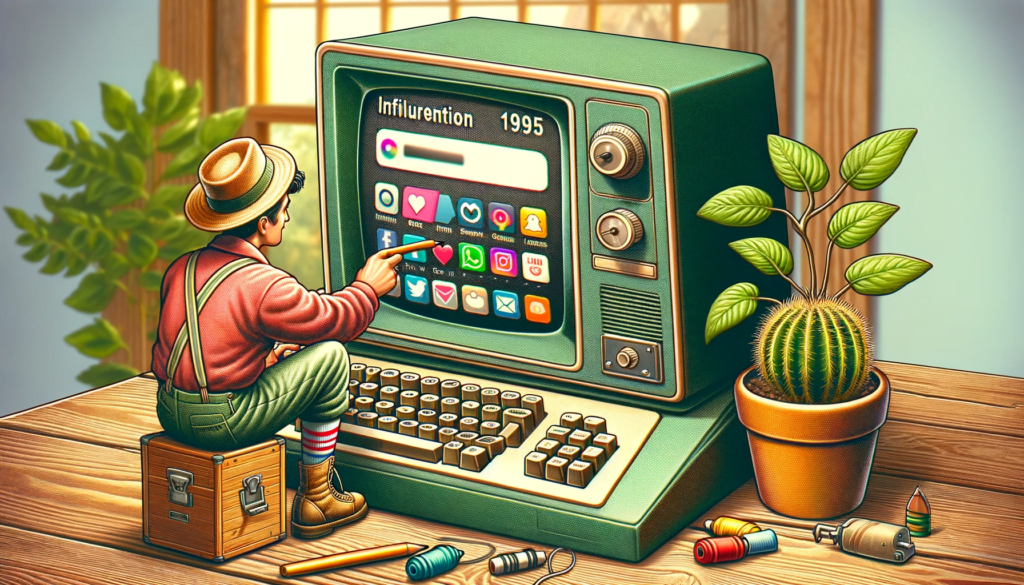 Early social media influencer engaging with audience using a vintage computer, marking the origins of influencer marketing
