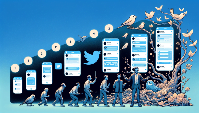 Progressive stages of Twitter's user interface evolution, showcasing early simple design, intermediate enhancements, modern elements, and current advanced layout