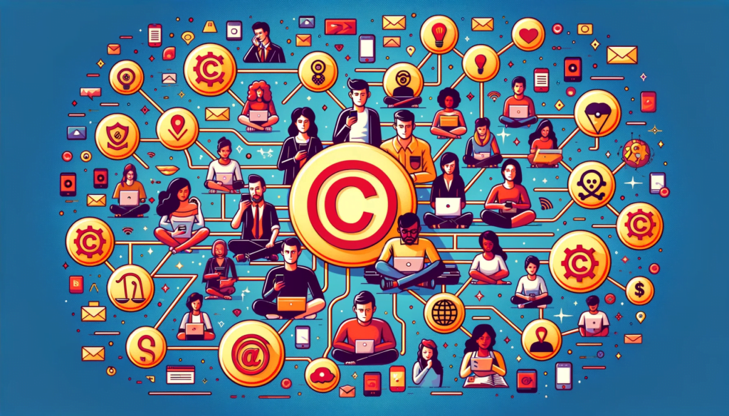 Diverse users on social media connected by copyright law symbols, demonstrating universal copyright impact.