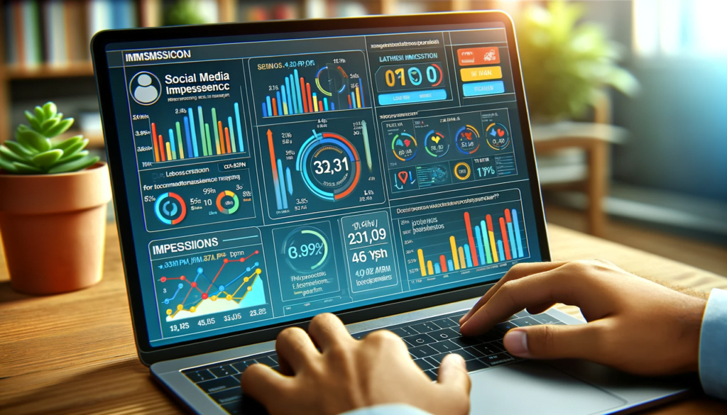 Laptop screen showing detailed social media impression statistics dashboard.