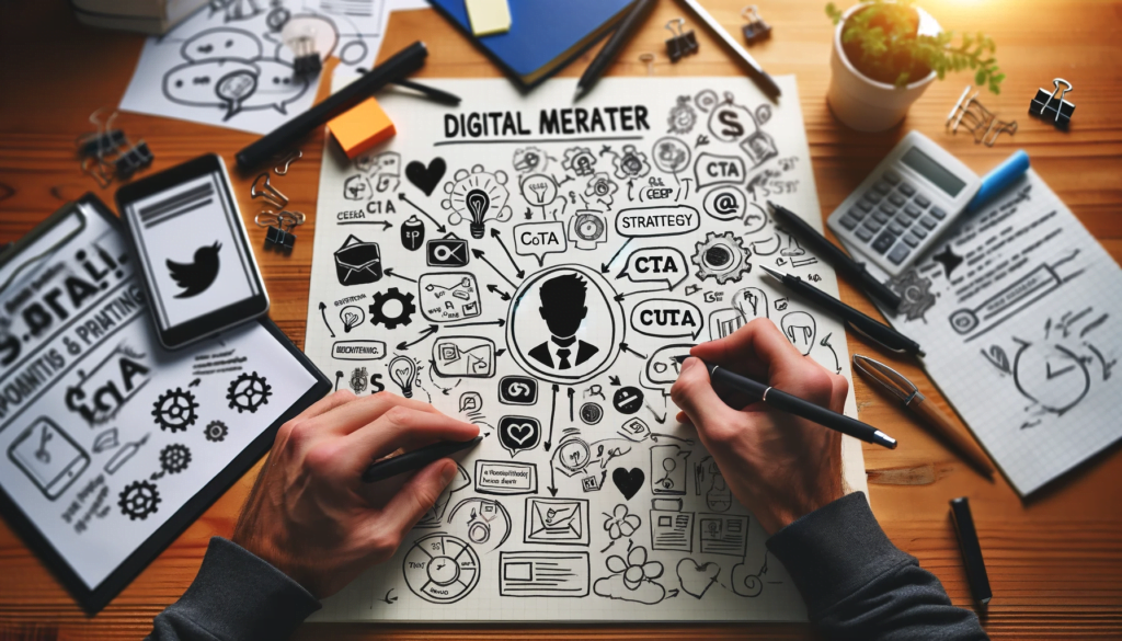 Digital marketer planning innovative social media CTA strategies.