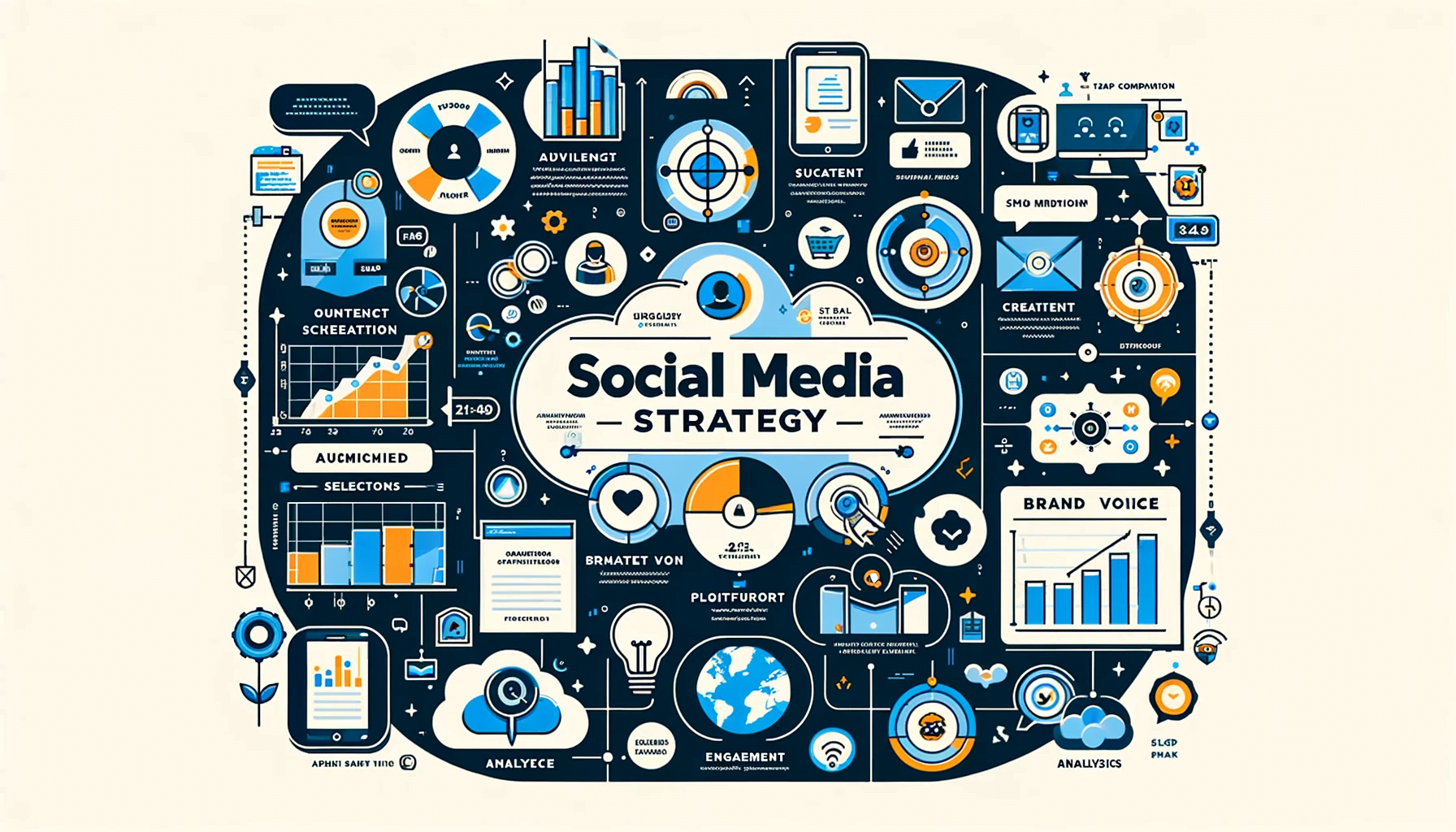 Infographic detailing essential elements of social media strategy, including audience analysis, content creation, and analytics.