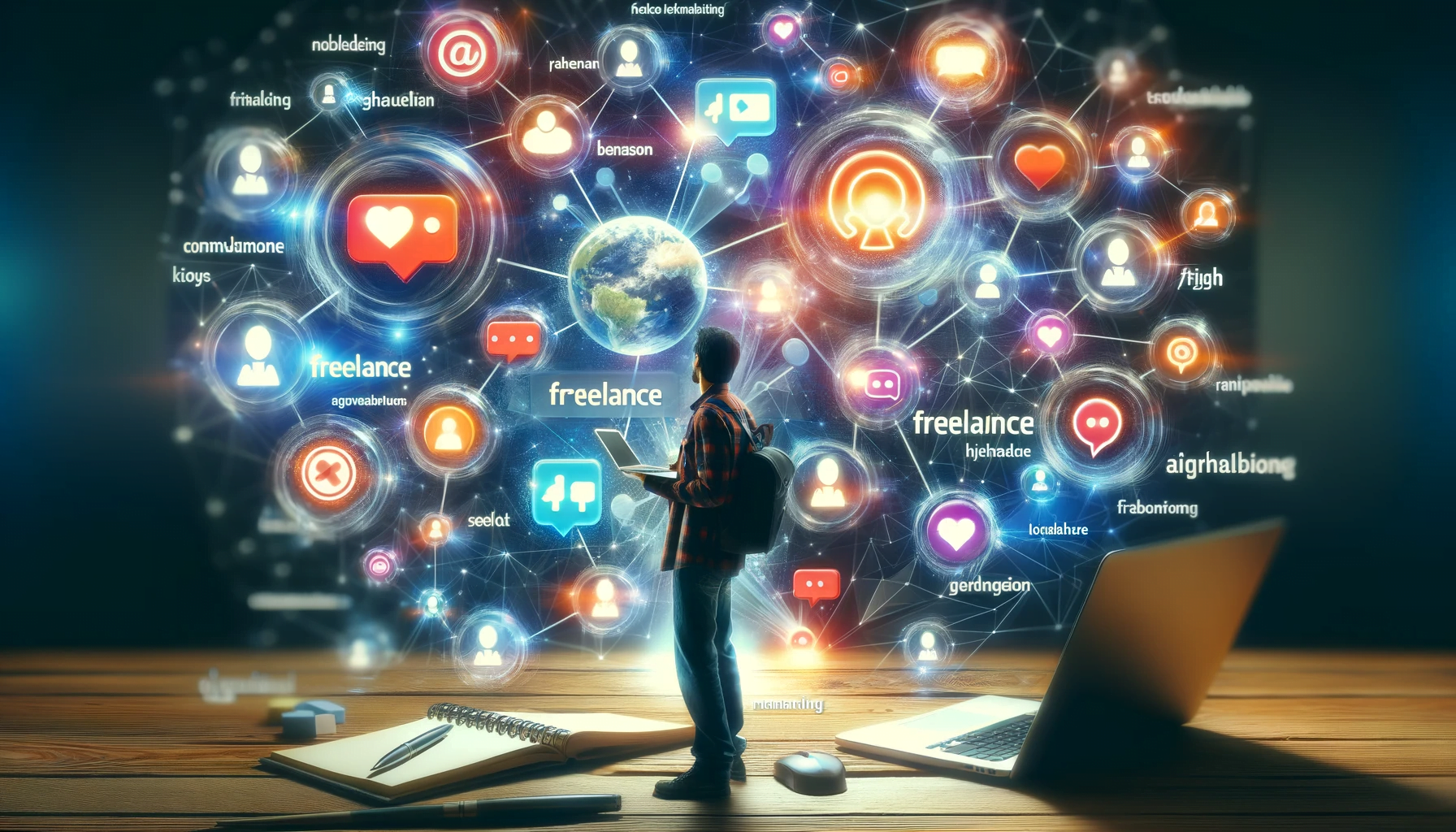 Image showing a freelance social media manager interacting with an online community through likes, comments, and conversation bubbles.