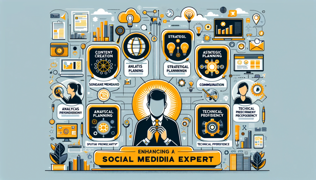 Infographic displaying the essential skills for social media expertise, including content creation, strategic planning, and analytical skills.