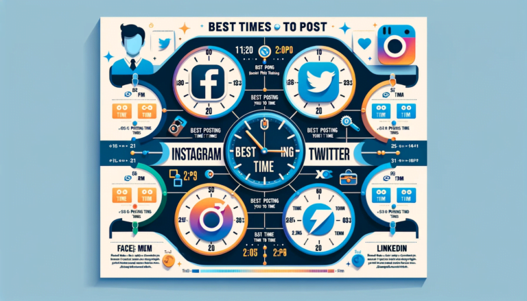 Infographic highlighting optimal posting times on Facebook, Instagram, Twitter, LinkedIn.