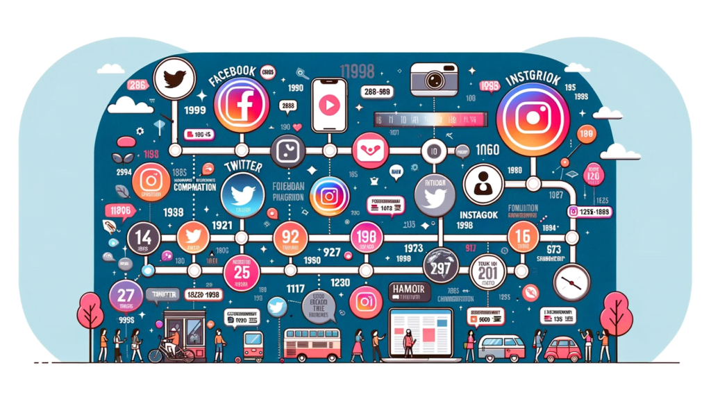 Infographic showing the evolution of social media with key milestones of Facebook, Twitter, Instagram, and TikTok.