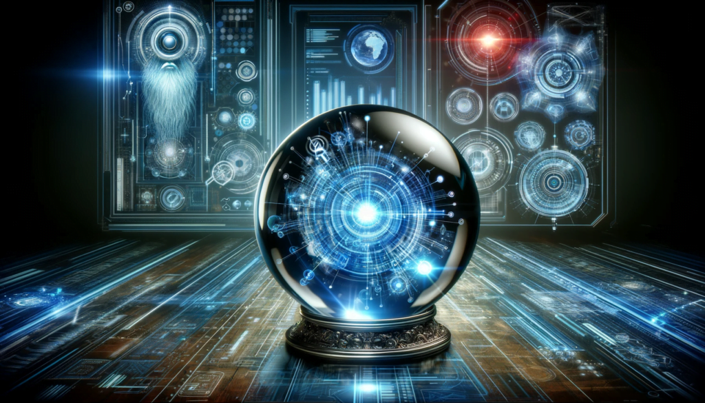 Futuristic imagery of social media video marketing trends with a crystal ball and digital innovation graphics.