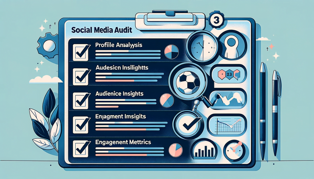 Checklist titled 'Social Media Audit Steps' with items like profile analysis and audience insights.