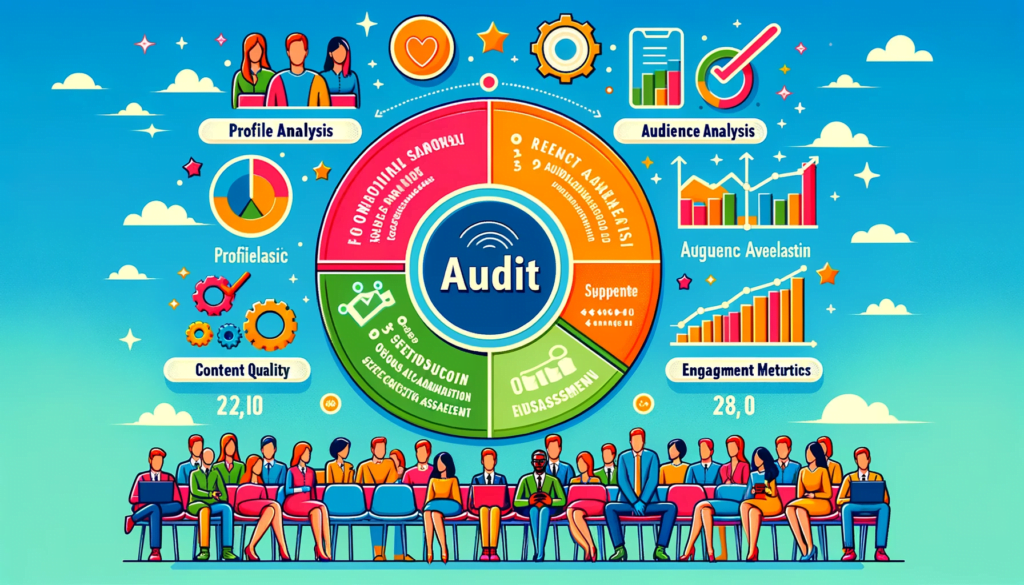 Colorful infographic illustrating the essential steps of a social media audit, including profile and audience analysis.