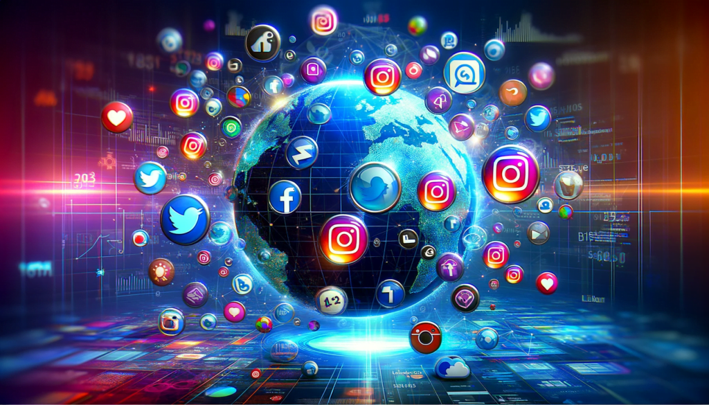 Social media icons around a digital globe symbolizing global impact.