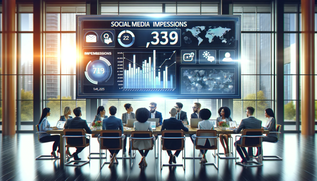 Diverse digital marketing team analyzing social media impressions data on a monitor.