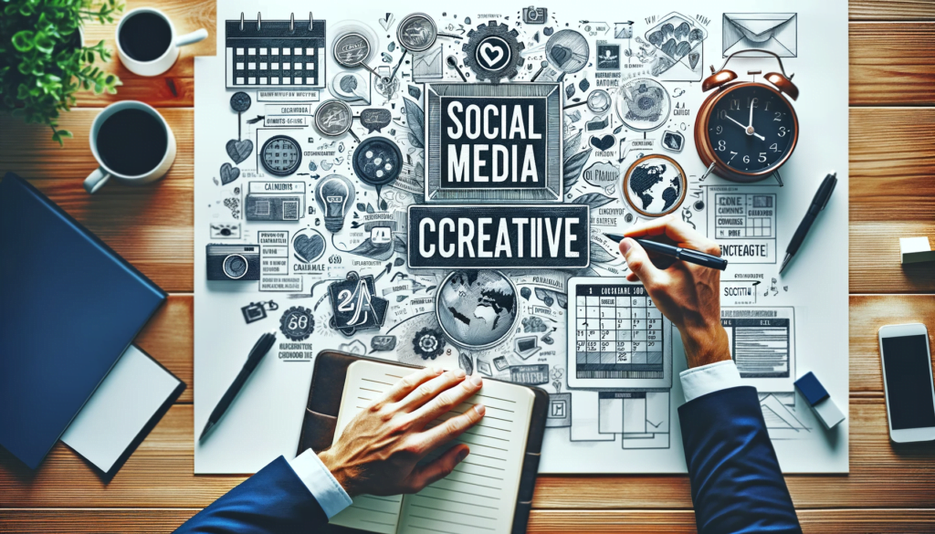 Professional crafting a creative social media content plan with notes, a calendar, and brainstorming ideas, illustrating strategy development in social media expertise.