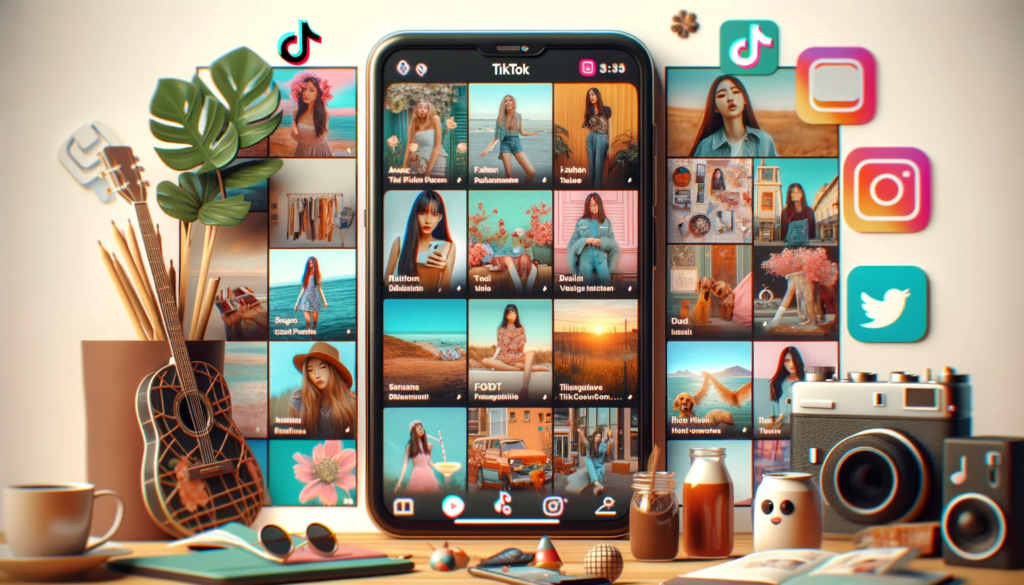 Collage of diverse short-form social media videos featuring fashion, travel, and food themes on a smartphone with TikTok and Instagram icons.