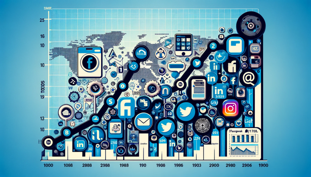 Social Media Networking : Timeline of social media evolution with Facebook, Twitter, LinkedIn, Instagram icons and growth graph.