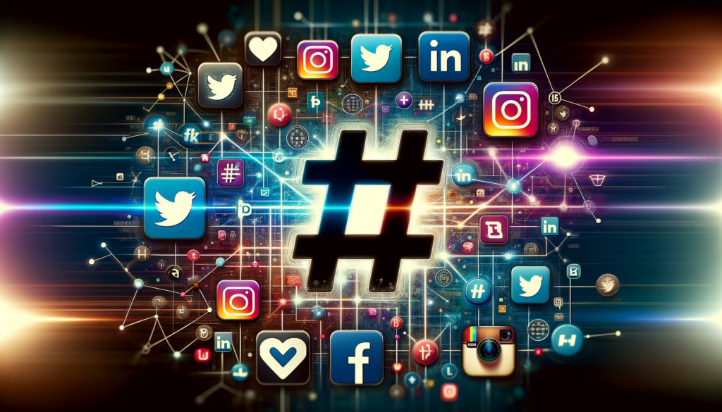 Digital collage showing the evolution of hashtags across social media platforms like Twitter, Instagram, Facebook, LinkedIn, and TikTok.