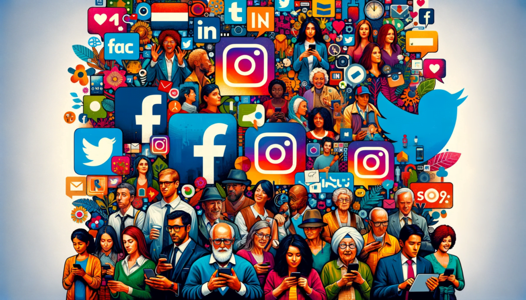 Collage of diverse users on Facebook, Instagram, Twitter, and LinkedIn, representing global social media engagement.