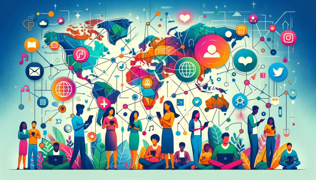 Diverse people connecting globally through various social media platforms.