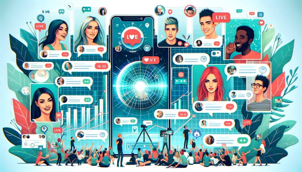 Engaging live streaming session on social media with influencers, interactive chat bubbles, and audience reactions.