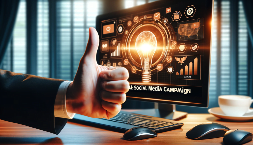 Person giving a thumbs up in front of a successful social media campaign, showcasing achievement in social media marketing expertise.