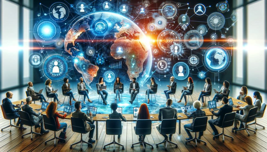 Diverse avatars in a VR meeting space, symbolizing social media's future in global connectivity.